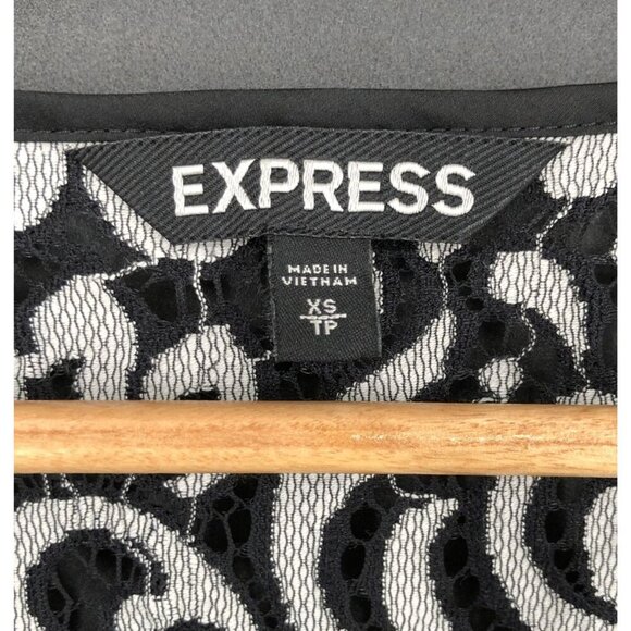 Express Women's Lace Overlay Short Sleeve Top XS Black and White Statement Top - Picture 3 of 9